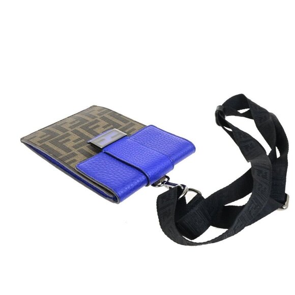 FENDI Logo Zucca Pattern Phone Holder Bag PVC Leather Brown Blue Italy 88RL013 - Picture 3 of 16